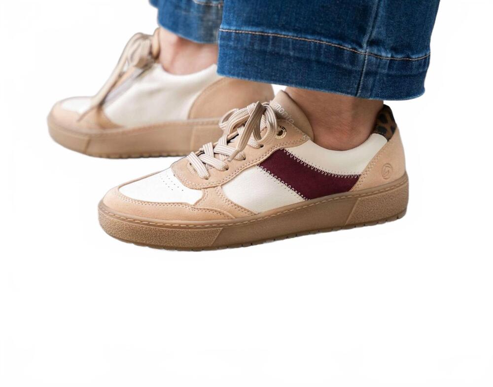 NEW REMONTE women's leather suede sneaker in beige/white/burgundy